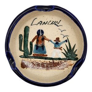 Vintage Cancun Mexico Hand Painted Pottery Ashtray Cactus Folk Art Signed JC MEX